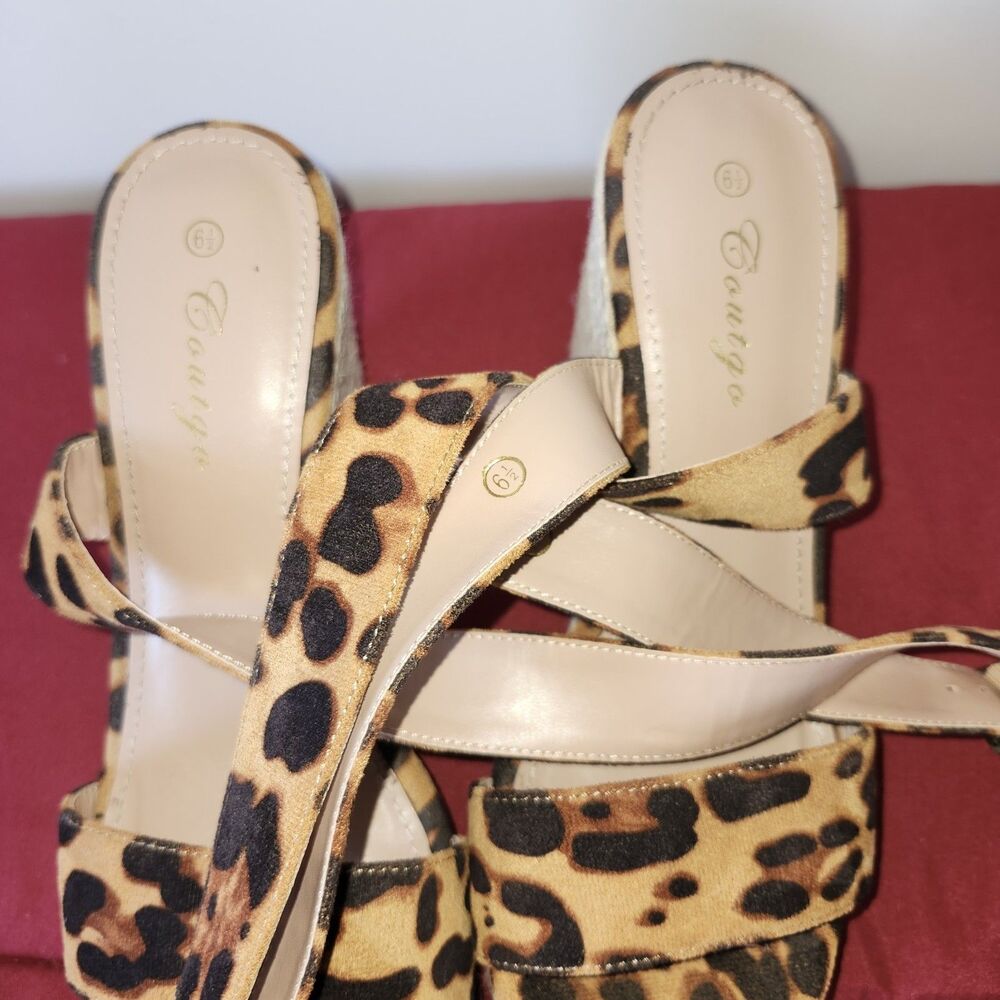 Coutgo Womens Leopard Print Espadrille Wedge Sandals 6.5 Crisscross Ankle Strap - Picture 7 of 9